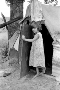 Russell Lee - Child of agricultural day laborer coming out of tent near Spiro. Sequoyah County, Oklahoma, 1939